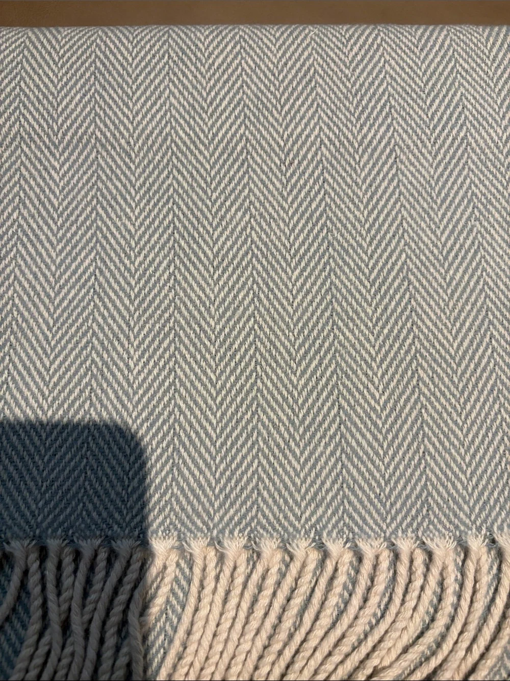 SFERRA Pale Blue and Cream Herringbone Throw with Twisted Fringe